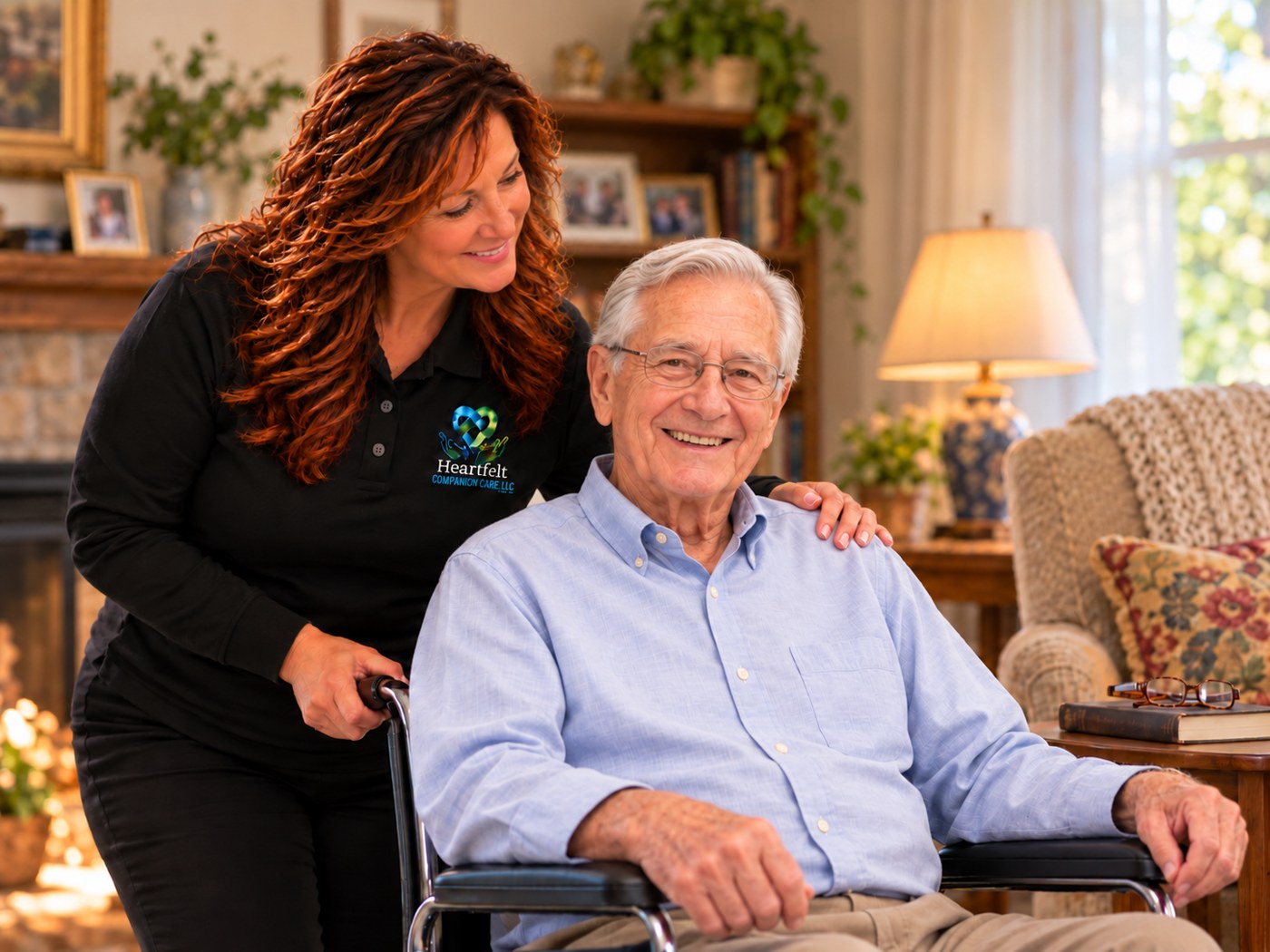 Maggie smiling with an older man in a comfortable home