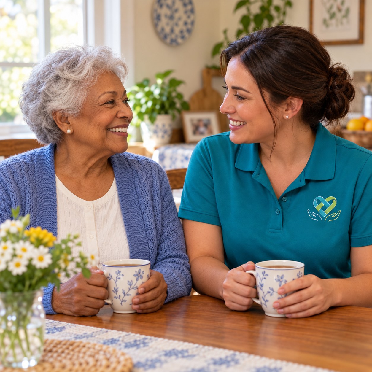 An older woman and a caregiver sharing tea and smiling at one another at home